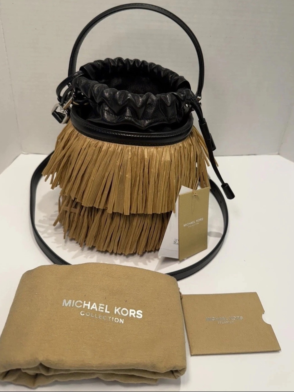 NWT MICHAEL KORS COLLECTION Ischia Mini Leather Natural Black Bucket Bag $1850